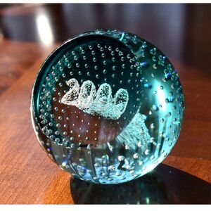Caithness Scotland Millennium 2000 Art Glass Paperweight Signed Teal Bubbles